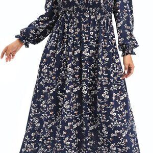 Women's Plus Size Boho Floral Print Long Sleeve Midi Dress with Pockets